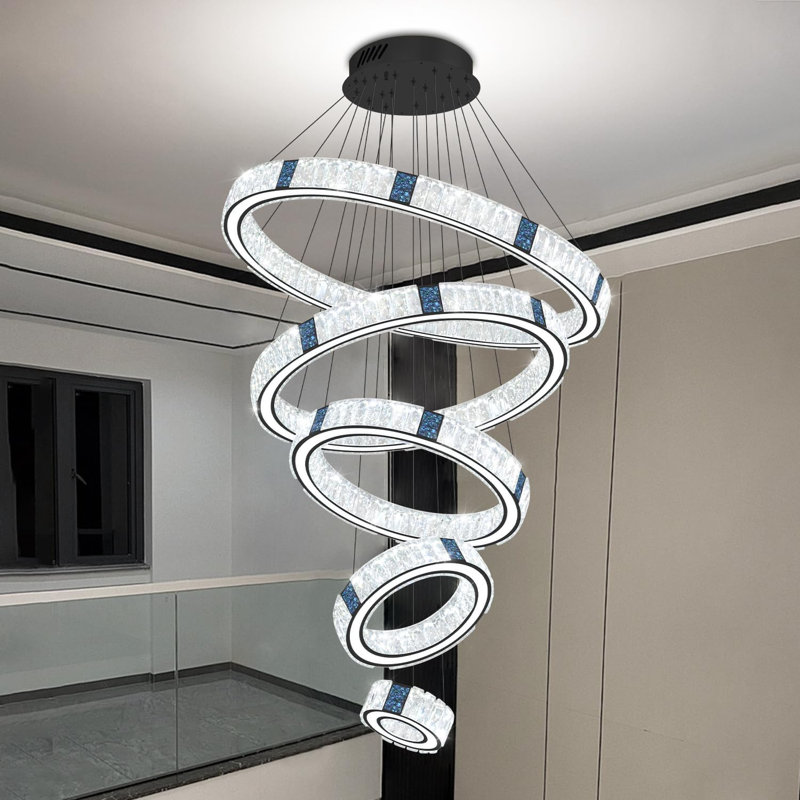 Grand lustre à anneaux DEL pour salon, noir, 5 anneaux, lustre haut de plafond