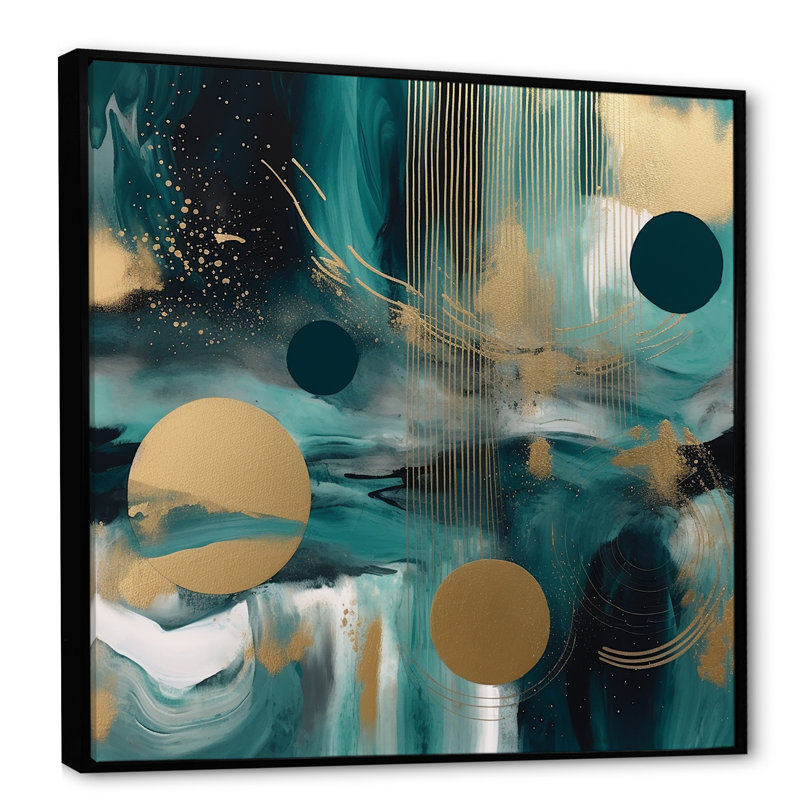 Vivid Emeral and Gold Contours Circles IV - Abstract Shapes, art mural, Cadre flottant noir, 16" H x 16" W