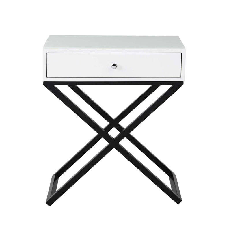 Table de chevet en bois Koda 23 po avec plateau en verre, tiroir et base en métal, Blanc