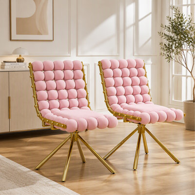 Ensemble de 2 fauteuils d'appoint capitonnés à bulles roses modernes, fauteuil pivotant en velours moelleux avec pieds en métal doré, fauteuil ergonomique sans accoudoirs pour salon, chambre à coucher et salle à manger, fauteuil pivotant