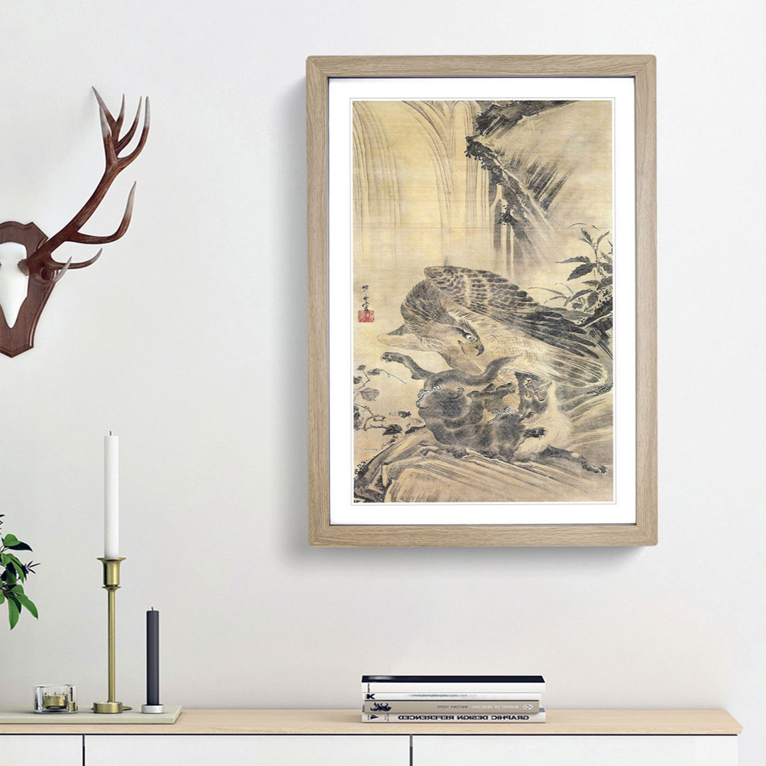Eagle Attacking a Lion by Kawanabe Kyosai - Framed Print
