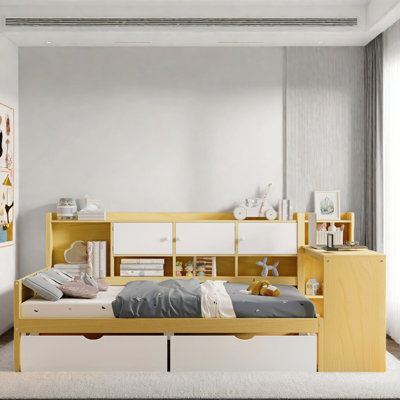 Wooden L-shape Daybed With Seven Storage Cabinets, Study Desk, Built-in Bookshelf And Two Drawers