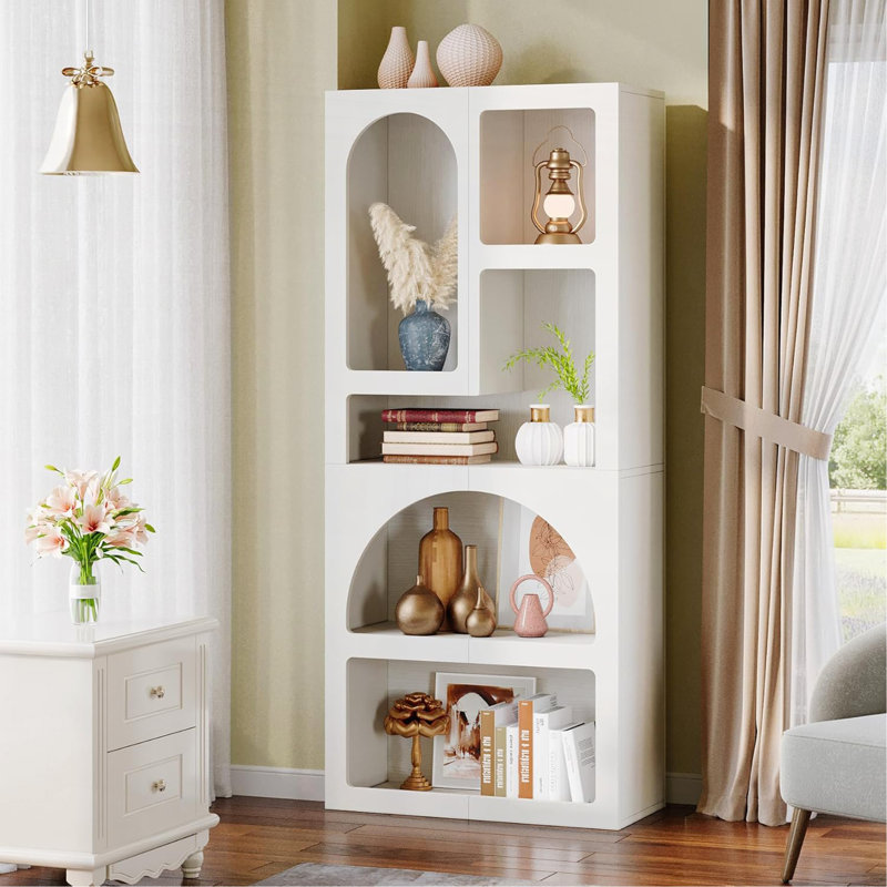 Bibliothèque géométrique arquée blanche à 5 tablettes de 70,87 po de hauteur pour le salon, le bureau et la chambre à coucher