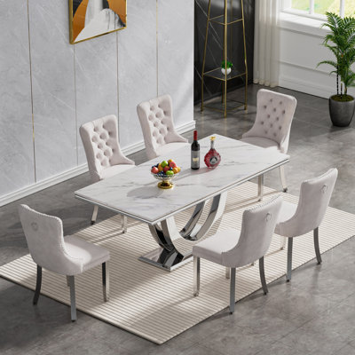 Luxury Marble Dining Table Set for , 68" Dining Room Table with Dining Chairs, White Dining Table with Faux Marble Top & Stainless Steel Pedestal, Large Dining Table and Chairs Set for Home Furniture