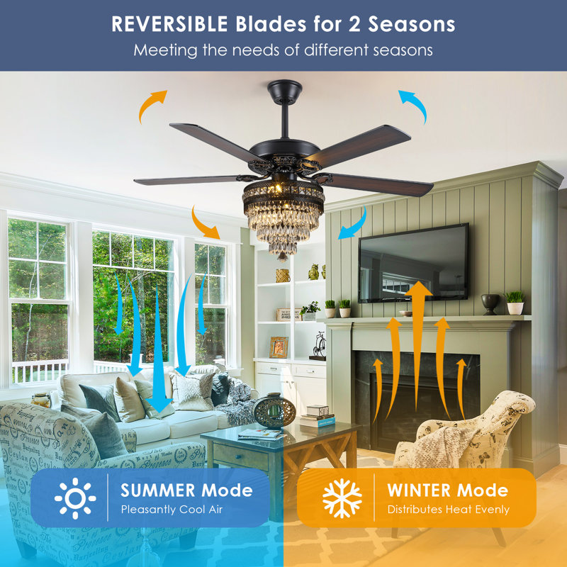 52"/62" Crystal Ceiling Fan Fandelier With Lights, Dark Walnut, 52"