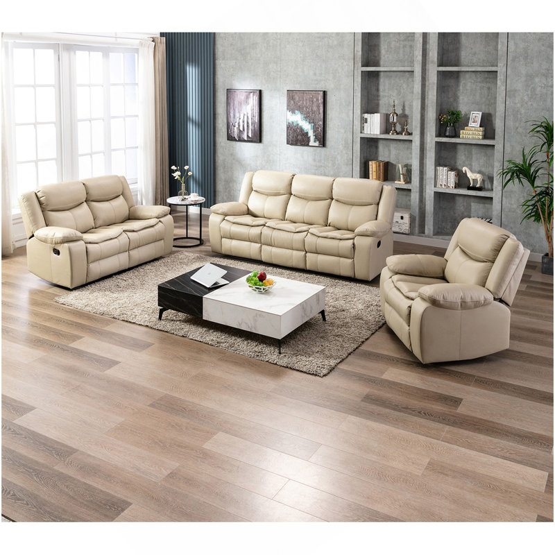 Breathable Leather Manual Reclining Sofa For Living Room, Cream