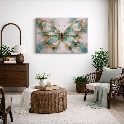 Elegant Blue Butterfly Artwork, Golden Accents on Nature Pictures, Framed Canvas Giclee Print Wall Art