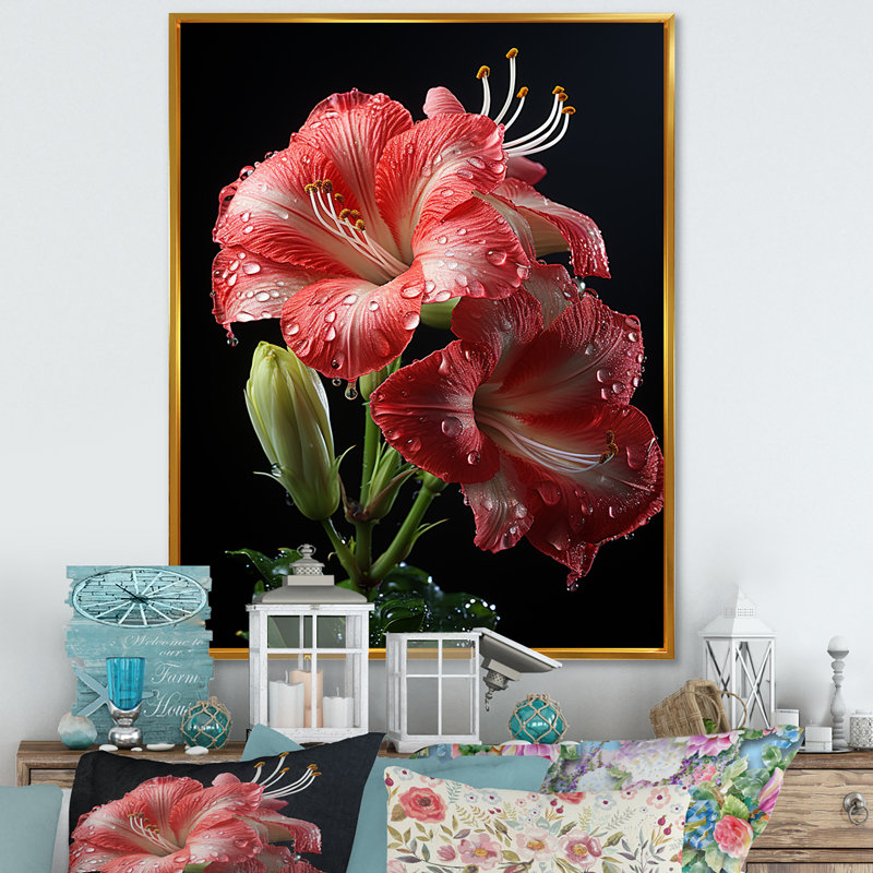 Fleur de lis rose II - art mural Lily, Cadre flottant simple doré, H 40 po x l 30 po x P 1,5 po