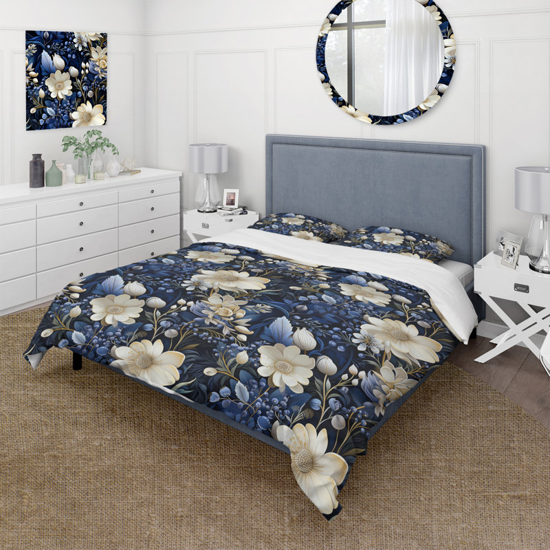 Deep Indigo Moonlit Flowers - Botanical Duvet Cover Set, Housse de couette pour très grand lit et 2 très