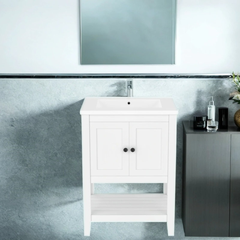 Meuble-lavabo blanc convertible de 24 po - Lavabo en céramique avec trop-plein, structure autoportante en bois massif et tablettes réglables, design minimaliste?