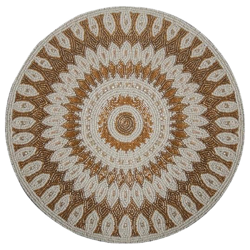 Polyester Embroidered Round Beaded Placemats Set of 2 Blue Handmade Decorative Table Mats for Christmas Decor