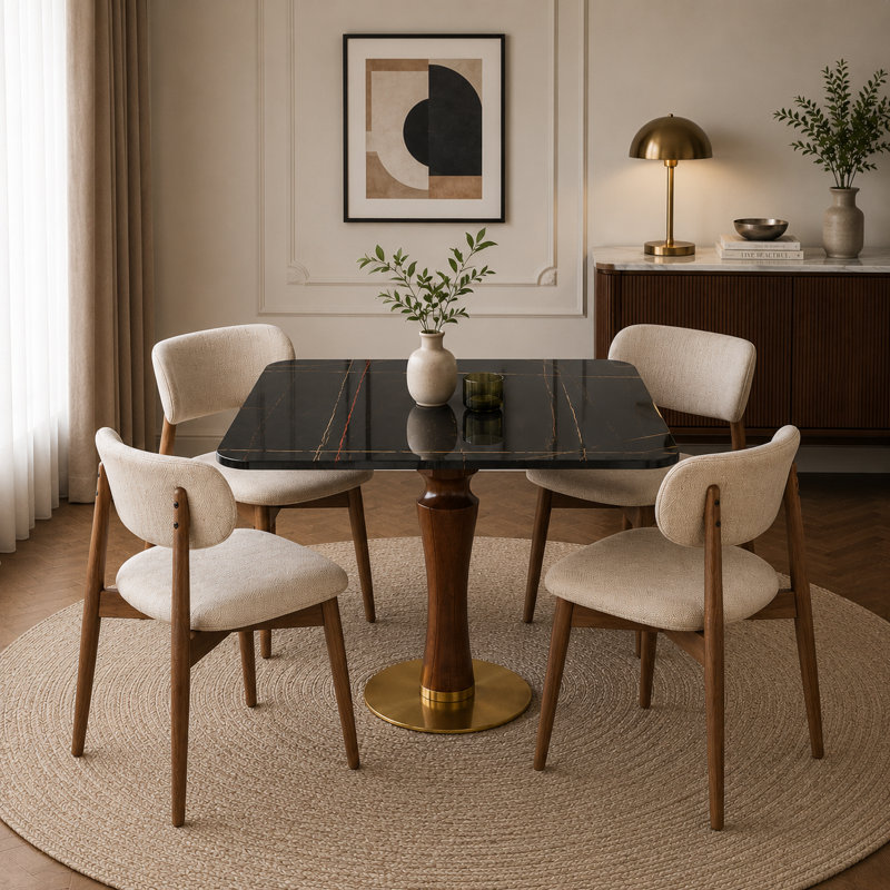 Table de salle à manger 33,5 po ronde en pierre frittée avec base en bois d'hévéa massif et base en acier inoxydable brossé doré, table de salle à manger moderne pour 2 à 4 personnes