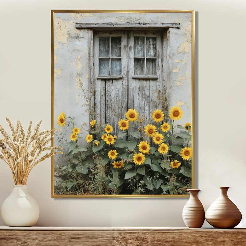 Tournesols de campagne de Gilyard et porte de grange - art encadré de tournesols, H 40 po x l 30 po, Doré