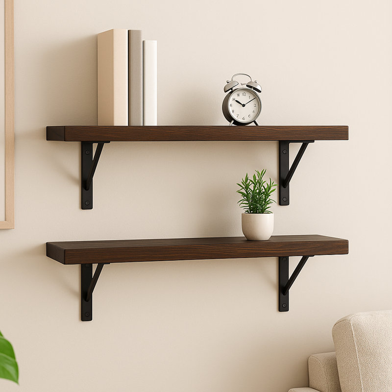 Slim Metal Bracket Shelves, set of 2, 6" H x 24" W x 5.5" D, Black/Dark Brown Wood