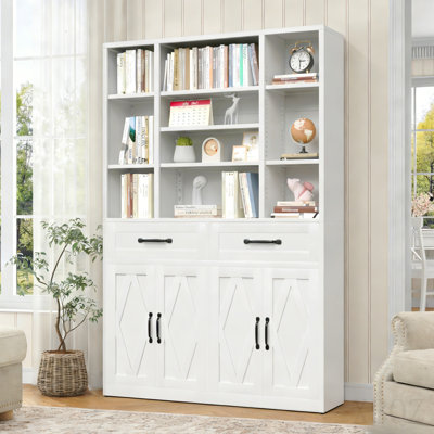 71" Tall Bookcase with Doors, Drawers & Adjustable Open Shelves, Metal Storage Cabinet for Home Office, Living Room, Industrial Bookshelf, White