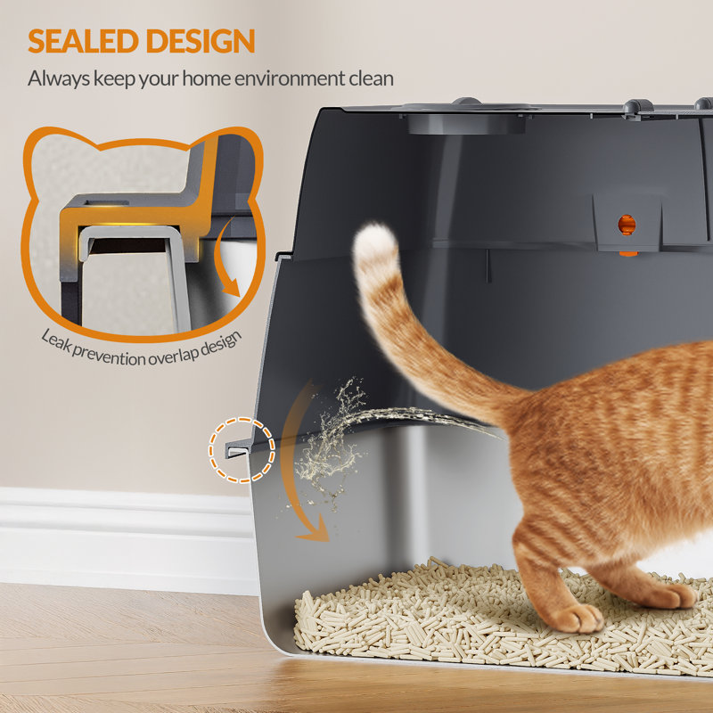 Stainless Steel Cat Litter Tray with Lid, Enclosed Cat Litter Box, 180° Hinged Lid, Includes Pedal and Scoop, Easy to Clean, Modular Design, 61 L x 41 W x 40 H cm 