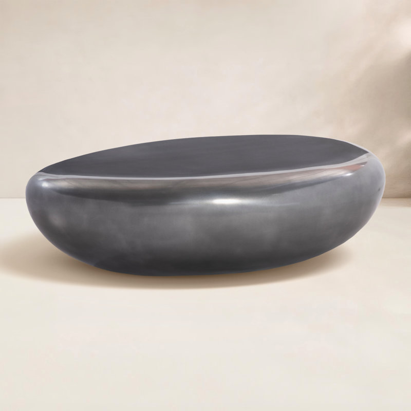 Table basse en aluminium poli et pierre de rivière, H 16 po x L 54 po x l 34 po, Polished Aluminum