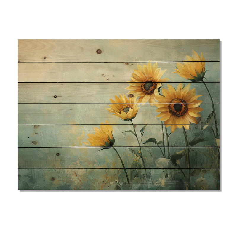 Country Side Sunflowers Field Sky Horizon III - Sunflowers Wood Print - On Natural Pine Wood, 34" H x 44" W x 0.78" D