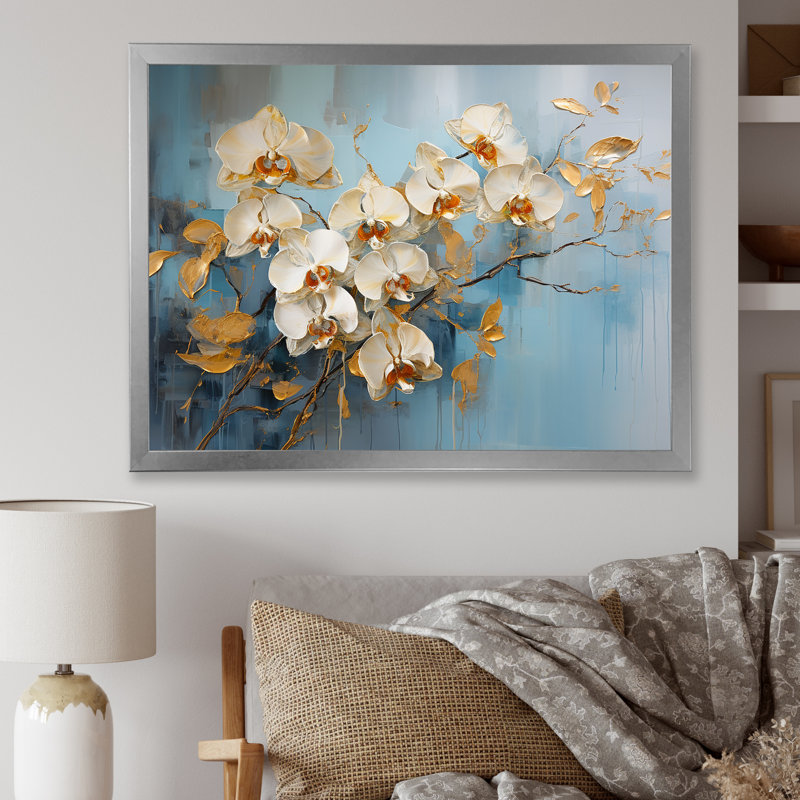Orchidées beiges et dorées Simplicity IV sur toile, Cadre simple argenté, H 34 po x l 44 po x P 1,5 po