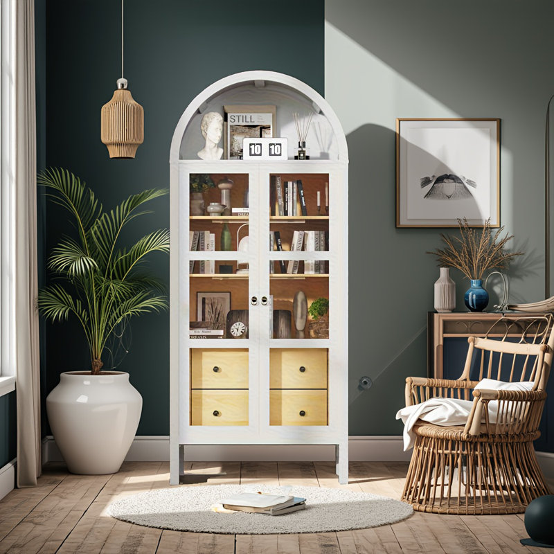 72" Modern Arched Storage Cabinet With Glass Doors – Auto Sensor Light, Height-Adjustable Shelves & 2 Drawers (White Oak Wood Grain)