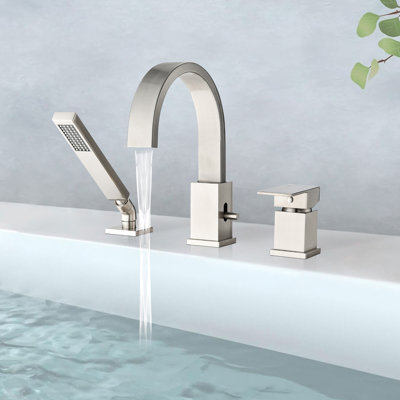Waterfall Bathtub Faucet with Sprayer, 3-Hole Roman Tub Filler with Hand Shower Deck Mount Waterfall Tub Spout Set