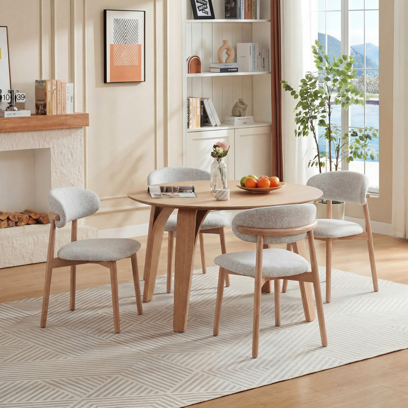 Upholstered Modern Solid Wood Dining Chairs With Ergonomic Curved Backrest, Cotton & Linen Fabric Kitchen Side Chairs(Set Of 2)
