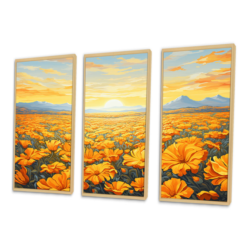 Radiant Sunshine Marigold Flowers III - ensemble d'art mural champ de fleurs, Cadre naturel flottant