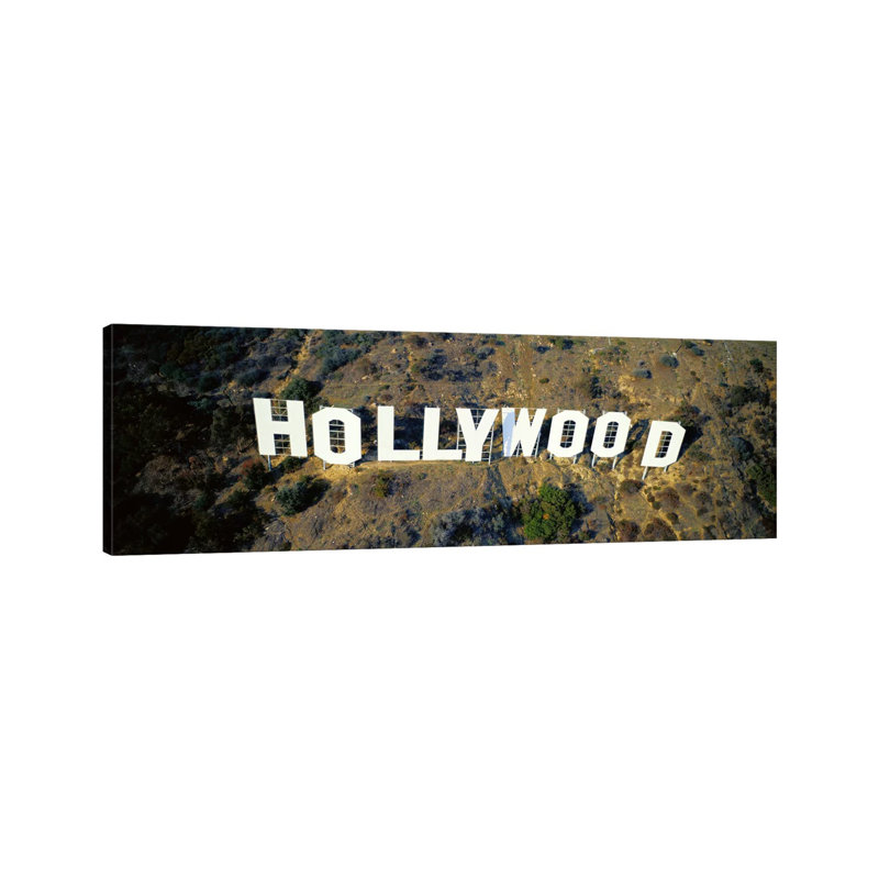 USA, California, Los Angeles, Aerial View Of Hollywood Sign At Hollywood Hills - Wrapped Canvas Panoramic Print