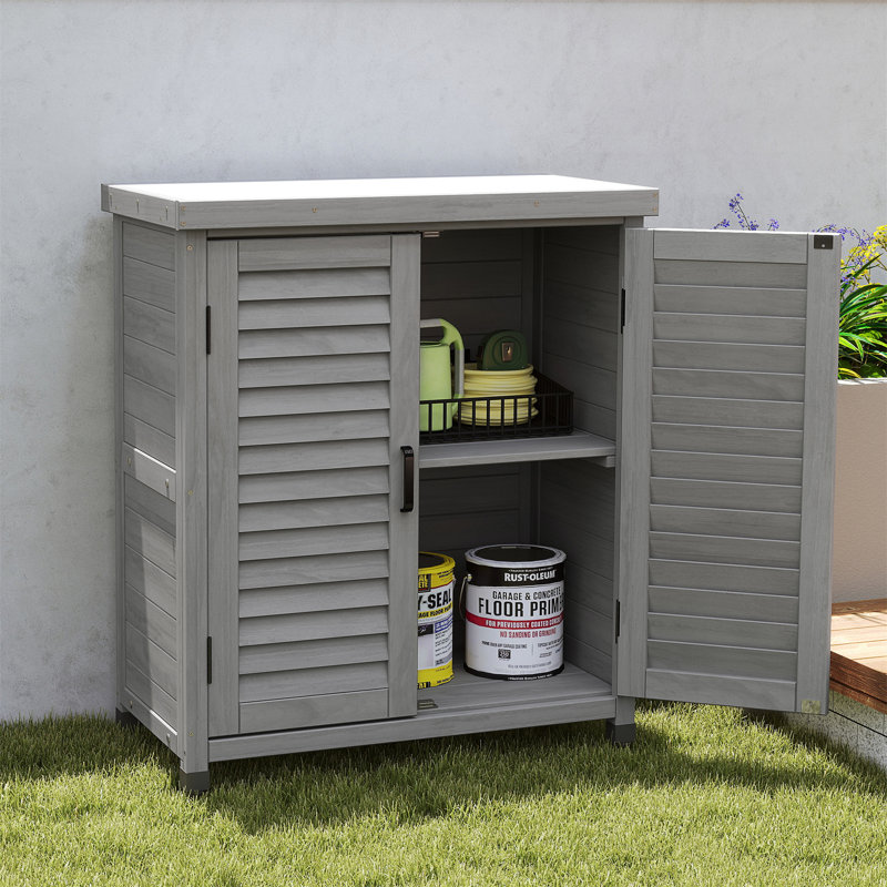 Banc de rempotage avec armoire de rangement et plateau de table en métal pour patio extérieur, Gris