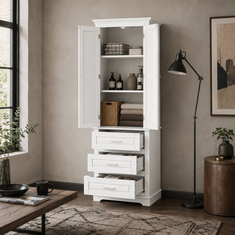 Armoire de rangement autoportante pour salle de bain avec tiroirs, tablettes réglables et poignées en métal