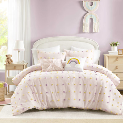 5Pcs Full Cotton Comforter With Filling, - , Machine Washable, Includes Comforter, Matching Shams And Decorative Cloud Embroidered Pillows , ,