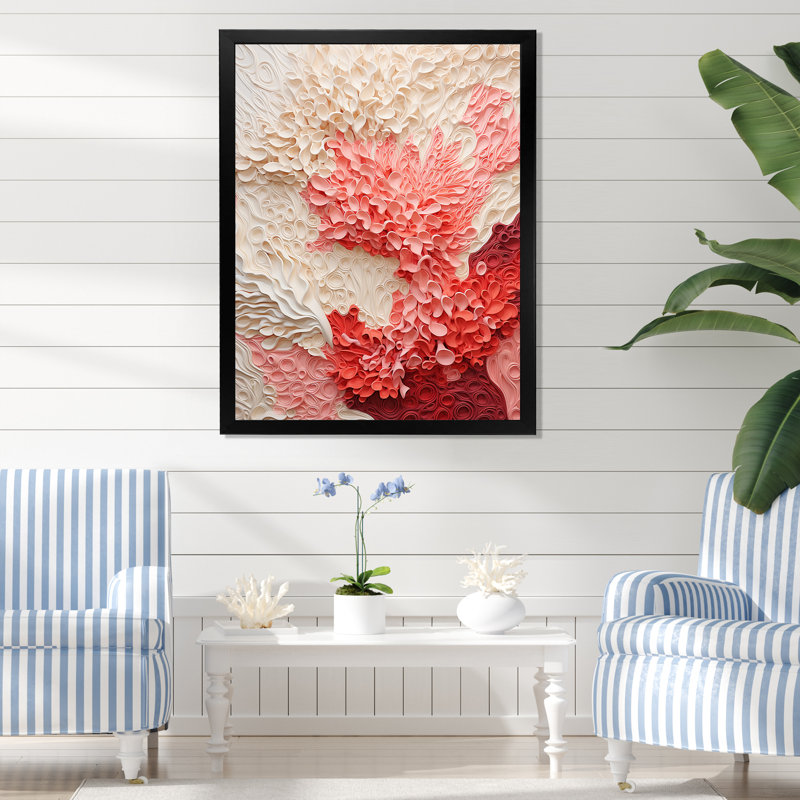 Collage beige et rose corail - grand art mural corail, H 40 po x l 30 po x P 1,5 po, Cadre simple noir