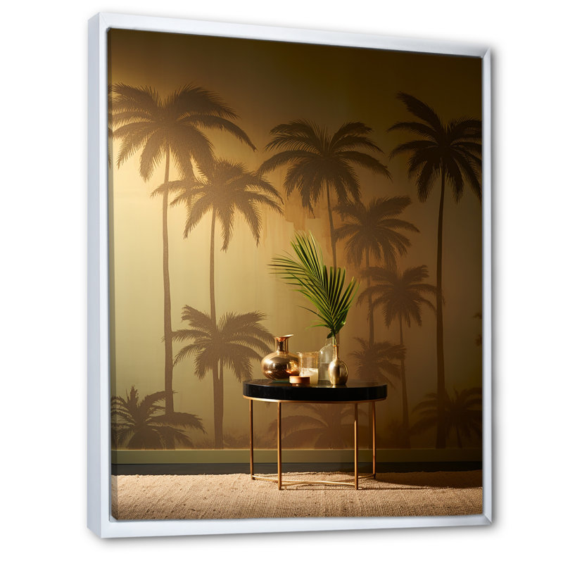 «Golden Grove Palm Tree Shadows» sur toile, H 44 po x l 34 po x P 1,5 po, Cadre flottant blanc