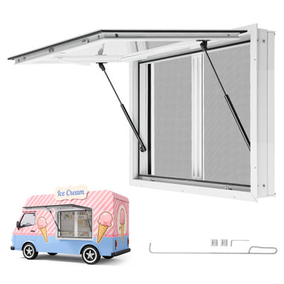 Fenêtre de service de 91 x 61 cm (36 x 24 po) en alliage d'aluminium et acrylique, pour camion-restaurant. Orientable jusqu'à 85 degrés. Équipée de 2 fenêtres coulissantes, d'une porte à auvent et d'un crochet de traction. Résistant à la pluie.
