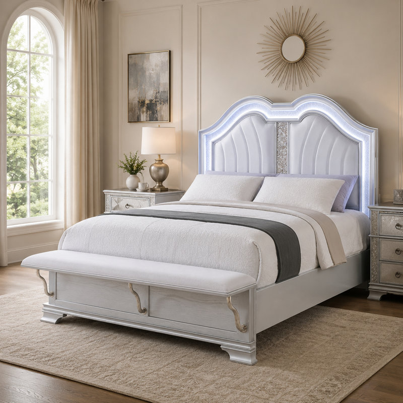 Lit double Mody avec DEL, banc de pied de lit, revêtement en tissu argenté, gris