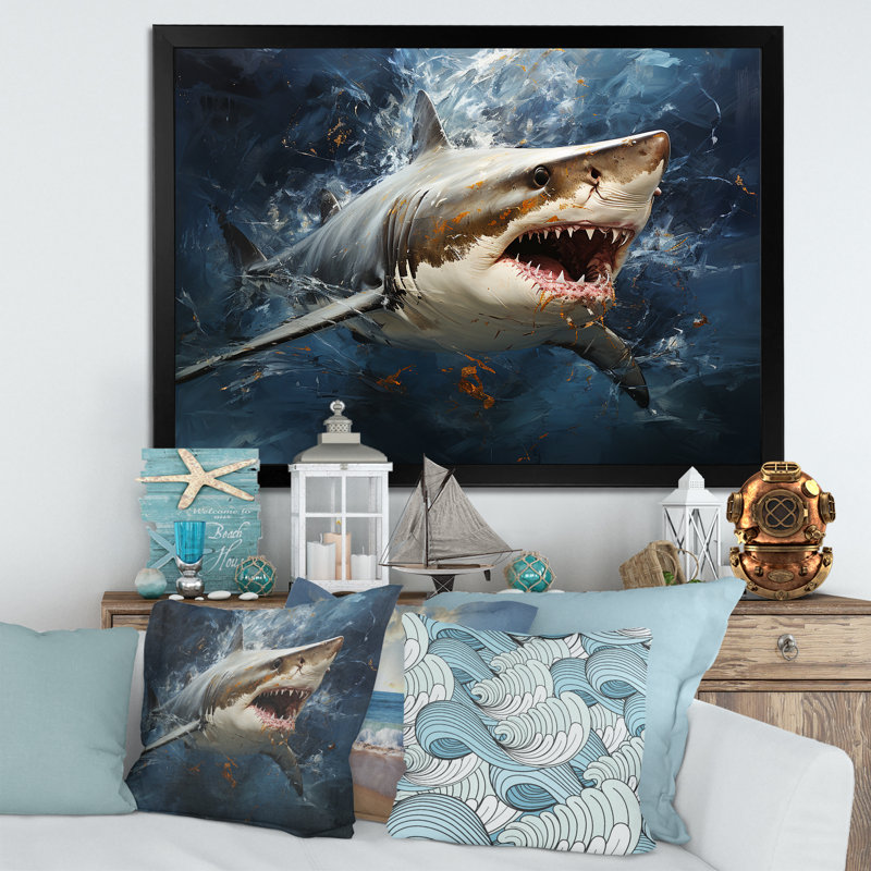 Underwater Shark Attack III - Sharkwall Art, 12" H x 20" W x 1" D, Black Closed Corner Framed