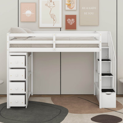 Lit mezzanine simple avec tiroirs et escaliers