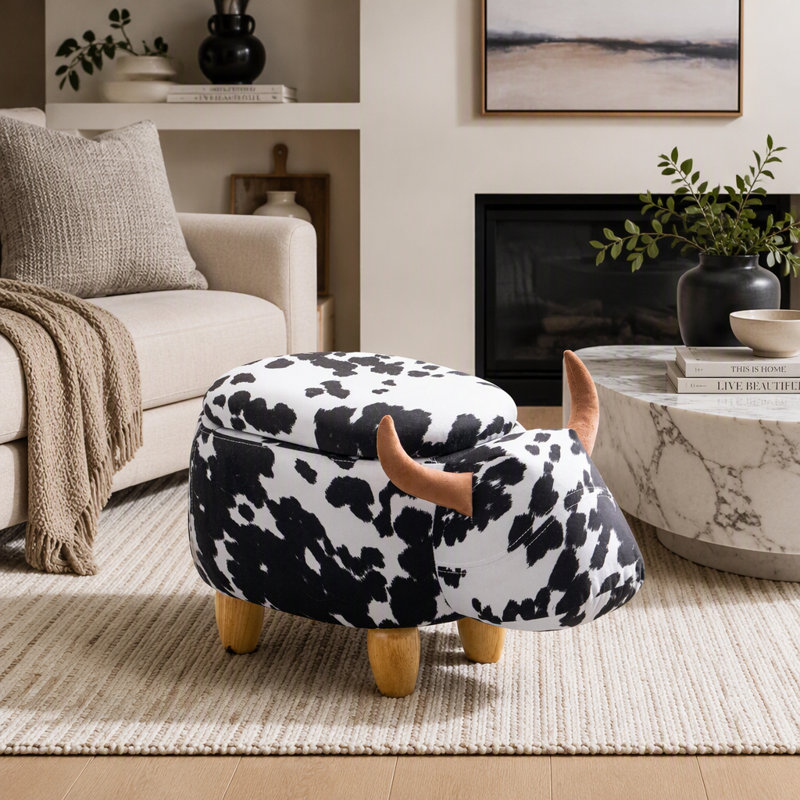 Repose-pieds avec rangement vache avec pieds en bois massif et rangement caché