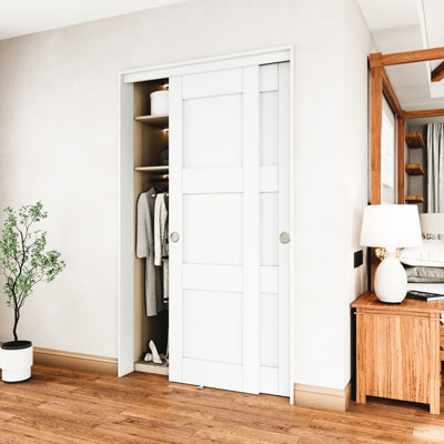 80" White Primed 1-Panel Or 3-Panels Closet Sliding Door With Hardware Kit & Handles