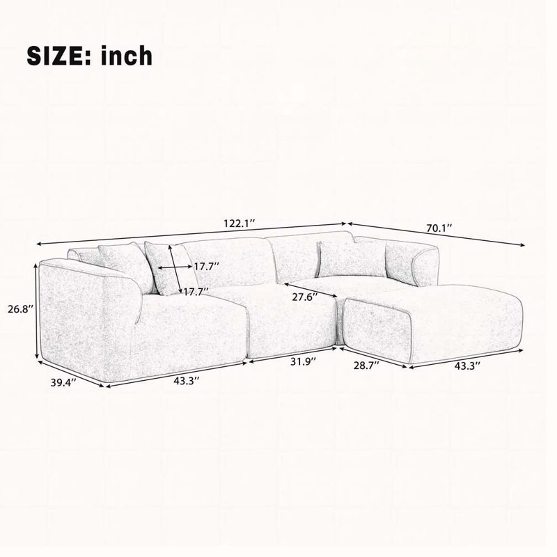 Canapé 122,1 "avec 3 coussins et repose-pieds, Beige
