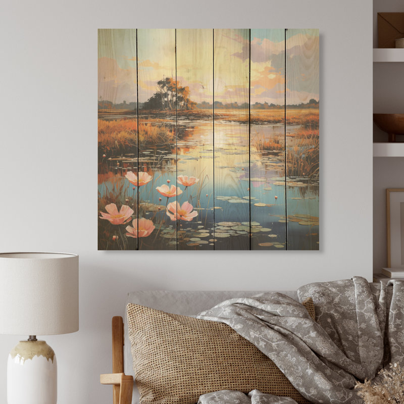 Paisies Charm Sunset Infinite Serenity I - prairies, art sur bois de pin naturel, H 36 po x l 36 po