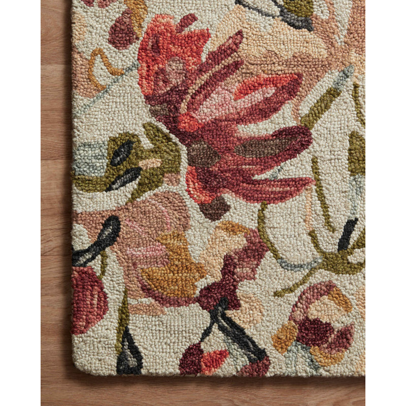 Tapis floral rouge / beige en laine crocheté à la main Oberlander, Rond 5 pi