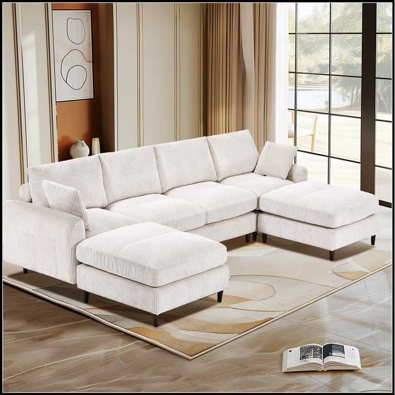Canapé modulaire en U / en L avec repose-pieds et coussins surdimensionnés Modern, Velours côtelé beige