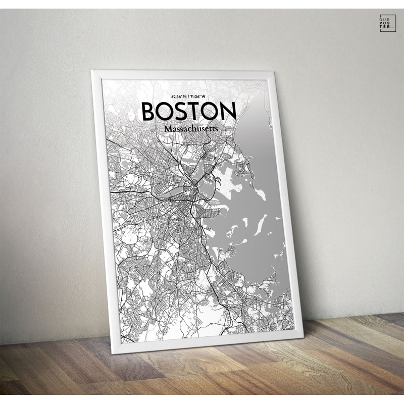 « boston city map », reproduction d’impression sur affiche en tons, H 36 po x l 24 po