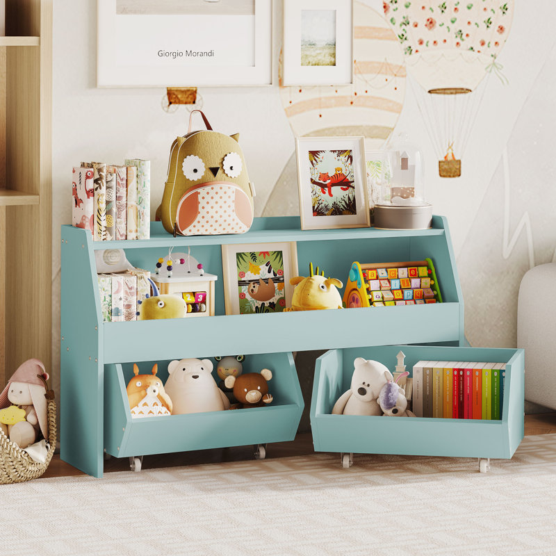 Toy Storage Cabinet with Drawers and Wheels – Kids Organizer Shelf for Nursery, Playroom, or Bedroom, Blue