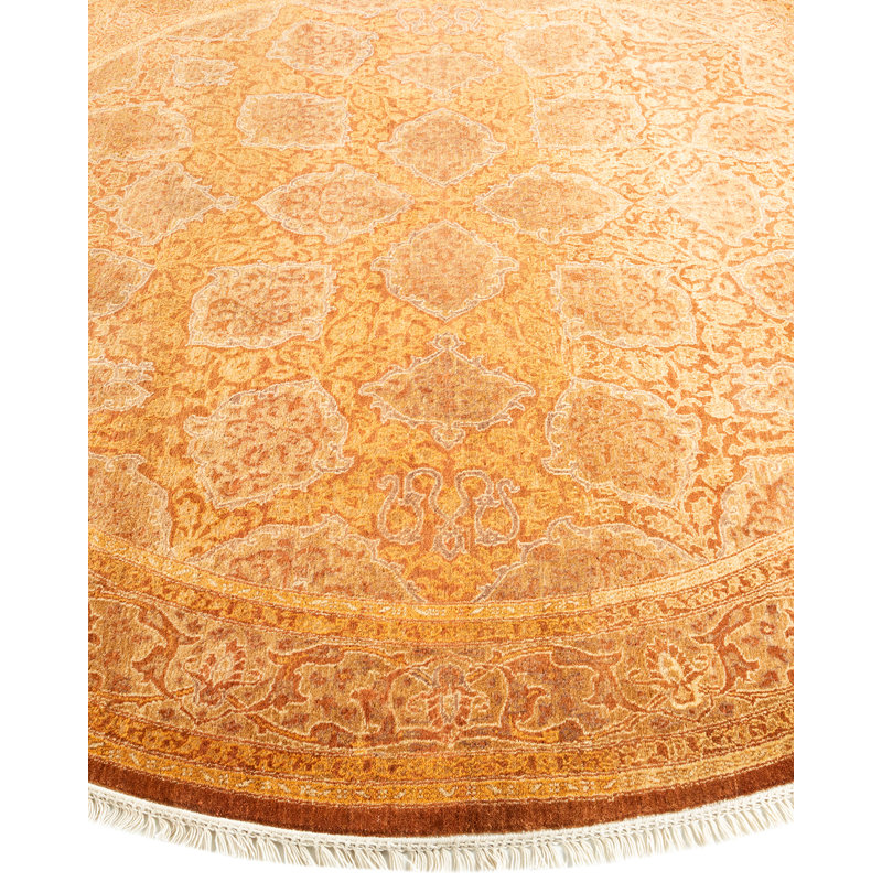 Hand-Knotted Round Yellow Wool Geometric Rug 6' x 9'