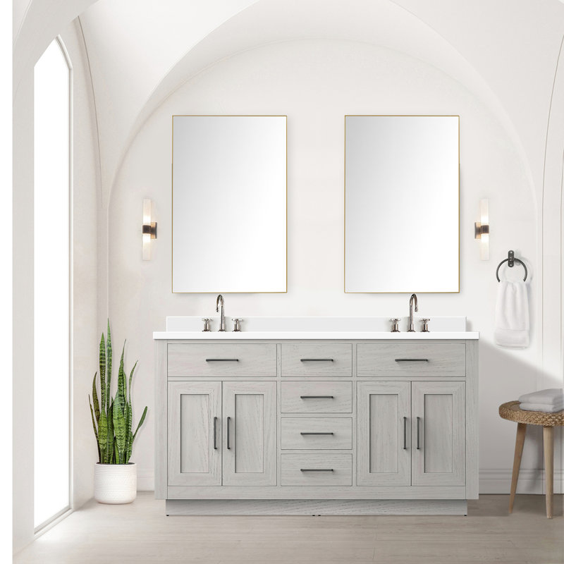 Meuble-lavabo double 60 po x P 60 po en chêne blanc avec cadre en bois massif à quartz, fermeture en douceur 22 comptoirs, rangement pour évier