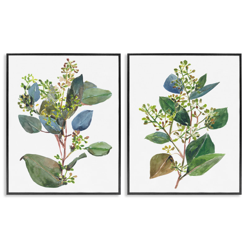«Soft Eucalyptus Plant Ombre Leaves», ensemble de 2 giclées par Melissa Wang, Giclée encadrée noir minuit, H 30 po x l 24 po