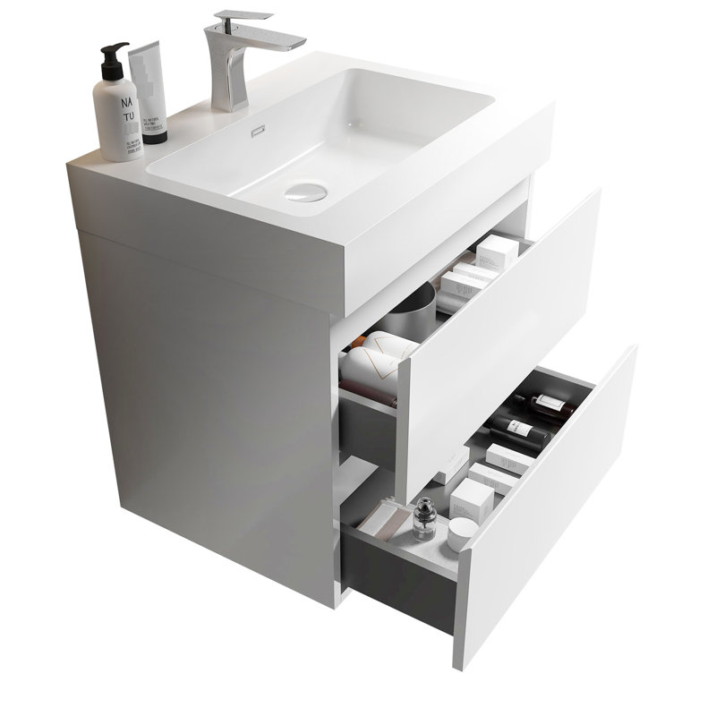 Meuble-lavabo 24 po, blanc et moderne, grand rangement, tiroirs silencieux, sans robinet ni drain, meuble-lavabo pré-assemblé blanc, conception moderne avec agrandissement