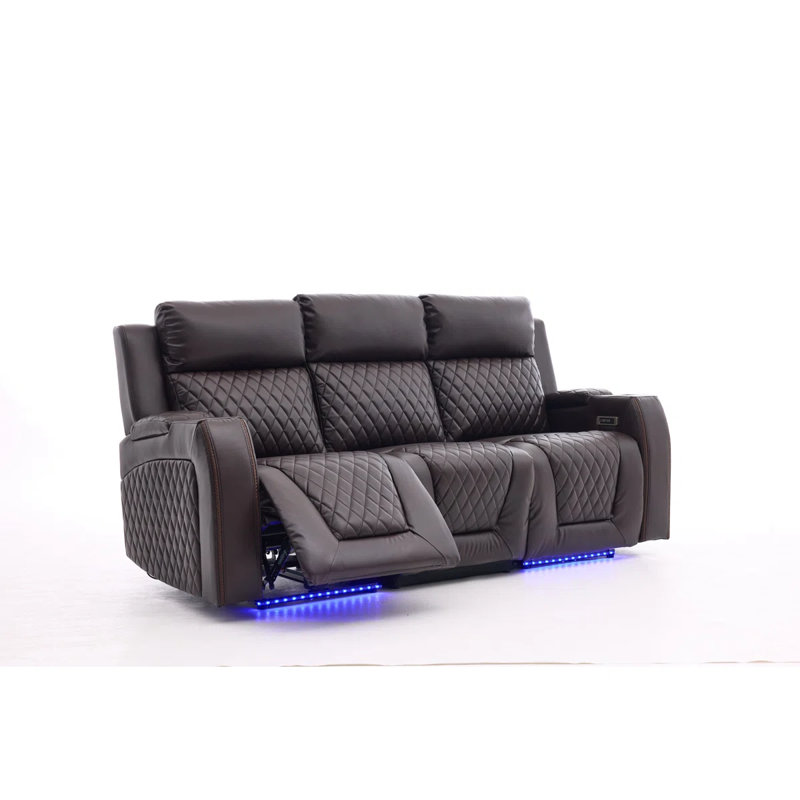 Canapé inclinable électrique trois places avec lumière DEL, porte-gobelet et espace de rangement., Brown